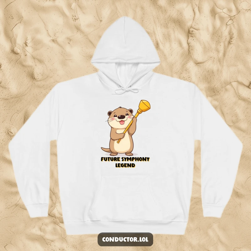 Funny Otter Maestro Hoodie: A proud cartoon otter conductor, baton in hand, radiating joy and musical enthusiasm.