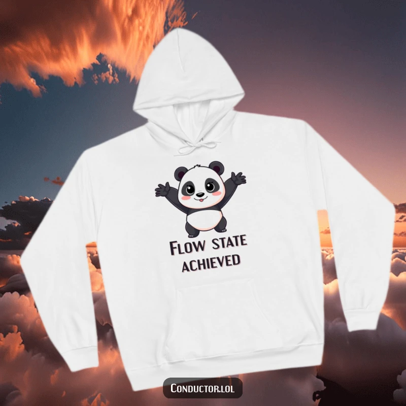 Funny Panda Performer Hoodie: A cartoon panda in a dramatic, wide arm sweep, perfect for cozying up.