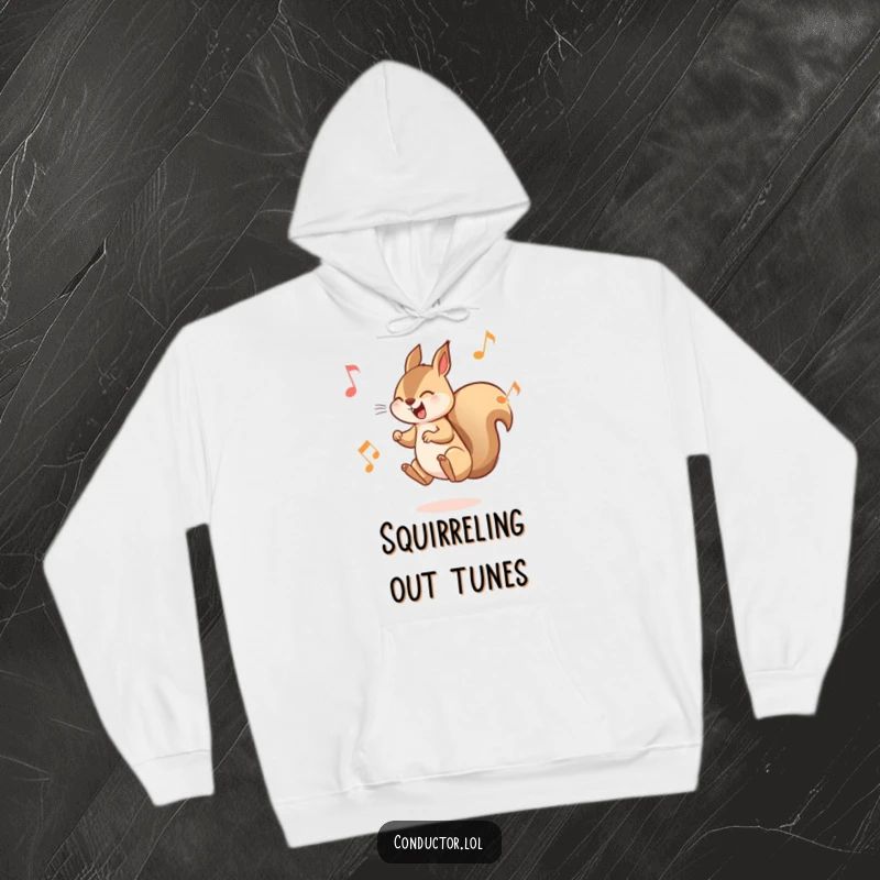 Funny Squirrel Musician Hoodie: A mischievous squirrel leaping between high and low notes, embodying playful musical delight.