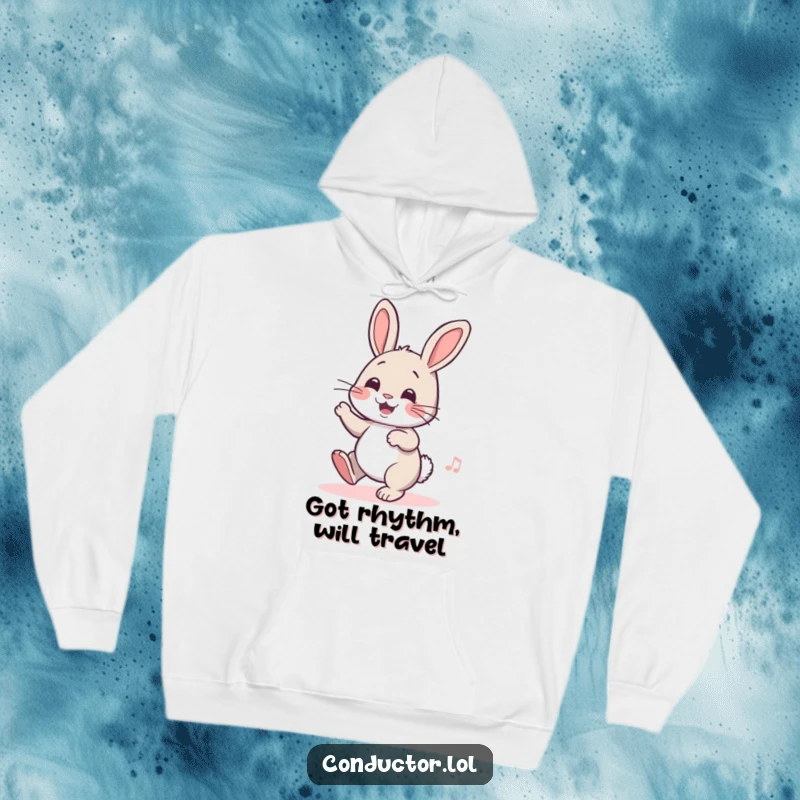 Funny hoodie showcasing a cheerful rabbit dancing to an inner rhythm, radiating happiness and comfort, ideal for cozy humor.