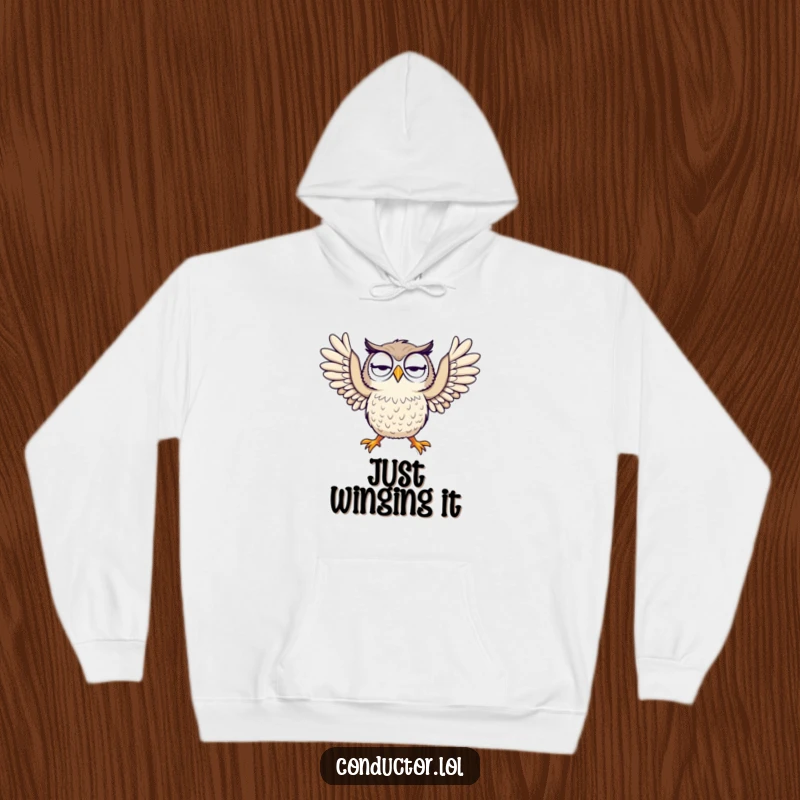 Funny hoodie featuring a curious owl with arms thrown wide in a dramatic pose, offering warmth and humorous expression.