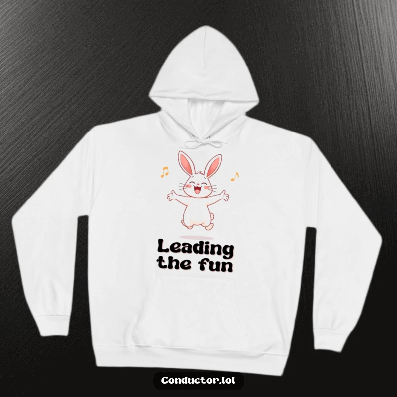 Funny Rabbit Conductor Hoodie: A giggling rabbit leading an orchestra, embodying playful energy and musical enthusiasm.