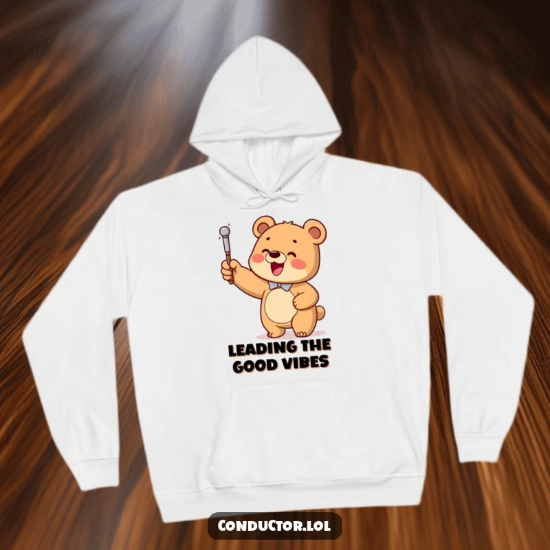 Funny Bear Conductor Hoodie, featuring a happy bear cub energetically waving a baton at a phantom orchestra.