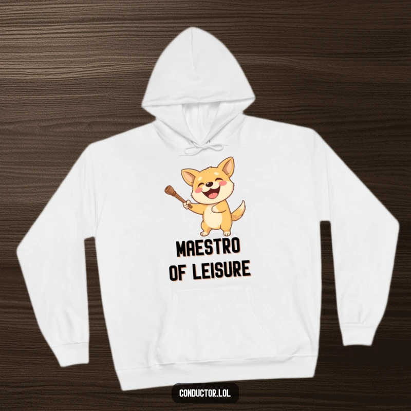 Funny dog hoodie featuring a happy dog enthusiastically swinging a baton with a wide, infectious grin.