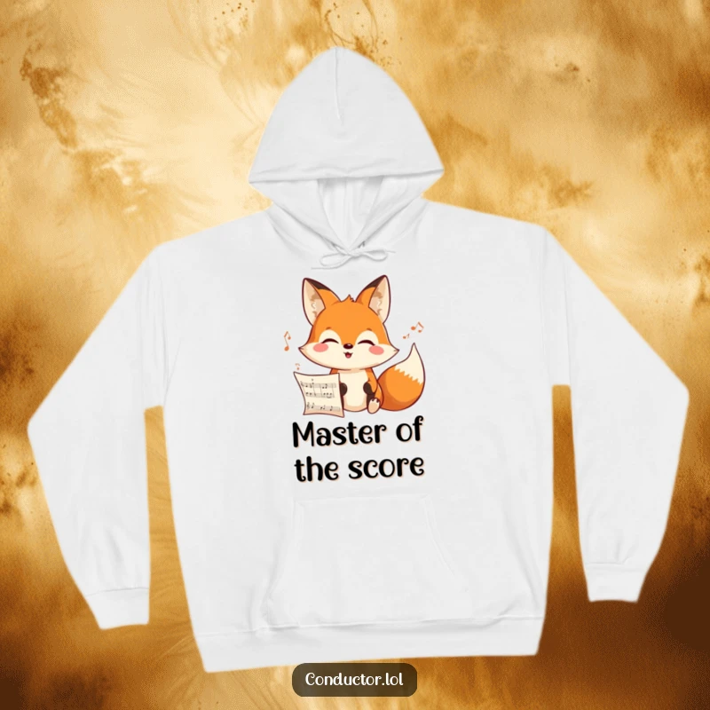 Funny cheerful cartoon fox intensely looking at an unseen musical score with a joyful expression on a cozy hoodie, warm musical focus.
