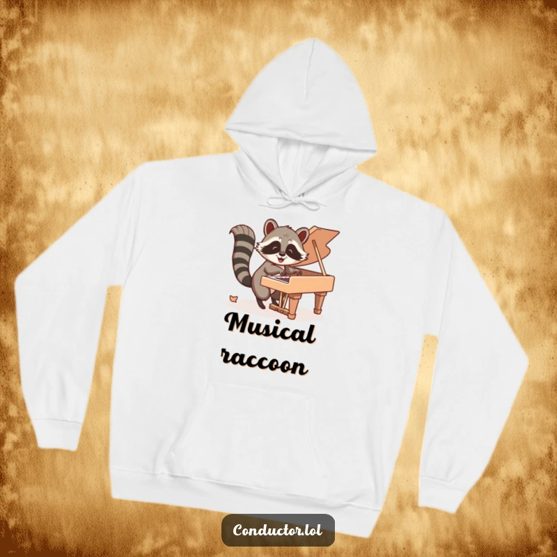 Funny Hoodie: Happy raccoon energetically playing piano keys with its tail, a fun and cozy design for music lovers.