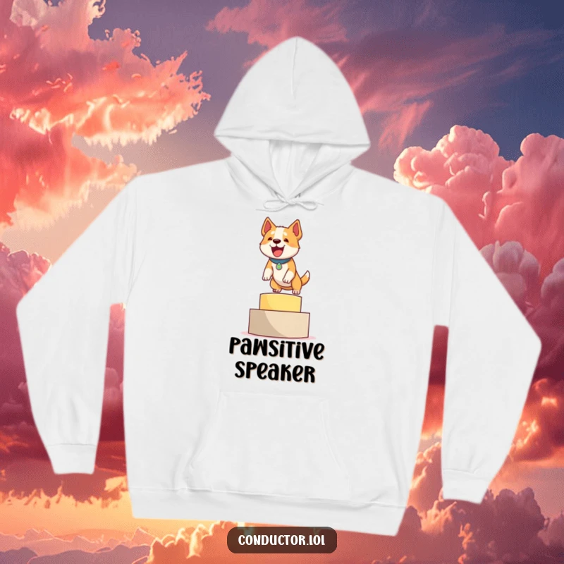 Funny, warm hoodie featuring a determined dog triumphantly leaping onto a podium, exuding pride and happiness.