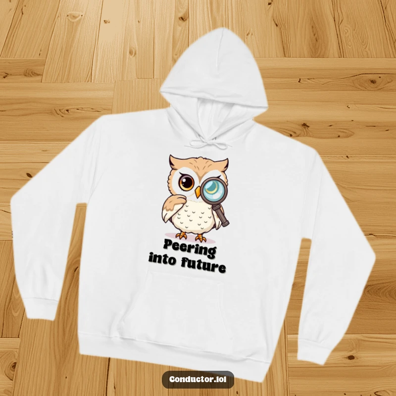 Funny, warm hoodie featuring a curious owl using a spyglass to observe a distant, mysterious landscape, promoting thoughtful reflection.