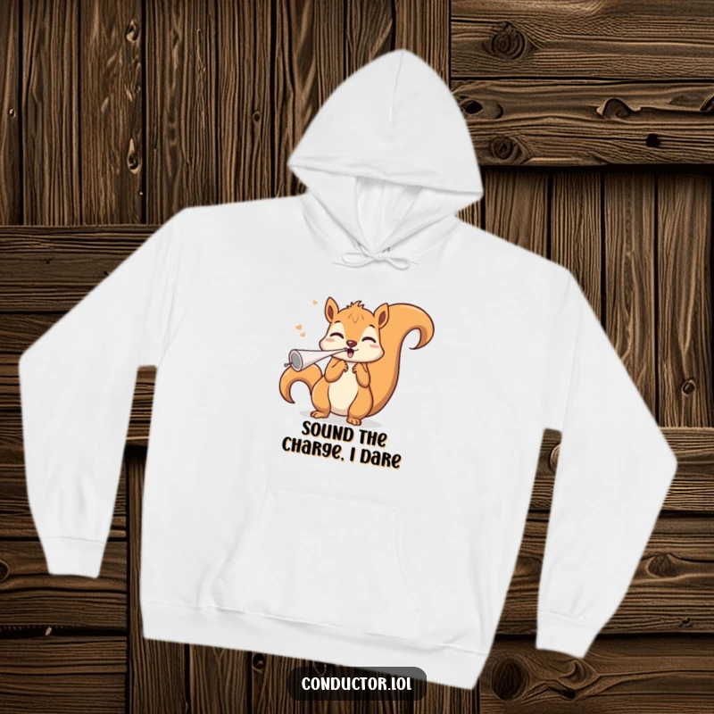 Funny squirrel conductor hoodie, blowing an invisible whistle with a triumphant flourish, offering cozy comfort and a dose of hilarious musical joy.