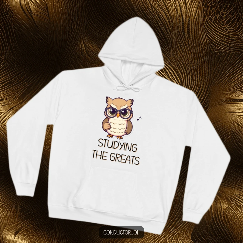 Funny Owl Conductor Hoodie: A focused owl with spectacles, intensely studying a musical score with glowing eyes, radiating wisdom.