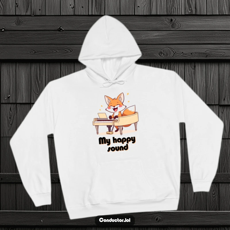 Funny fox hoodie, showing a happy fox playing a grand piano with a wide smile, perfect for cold weather.