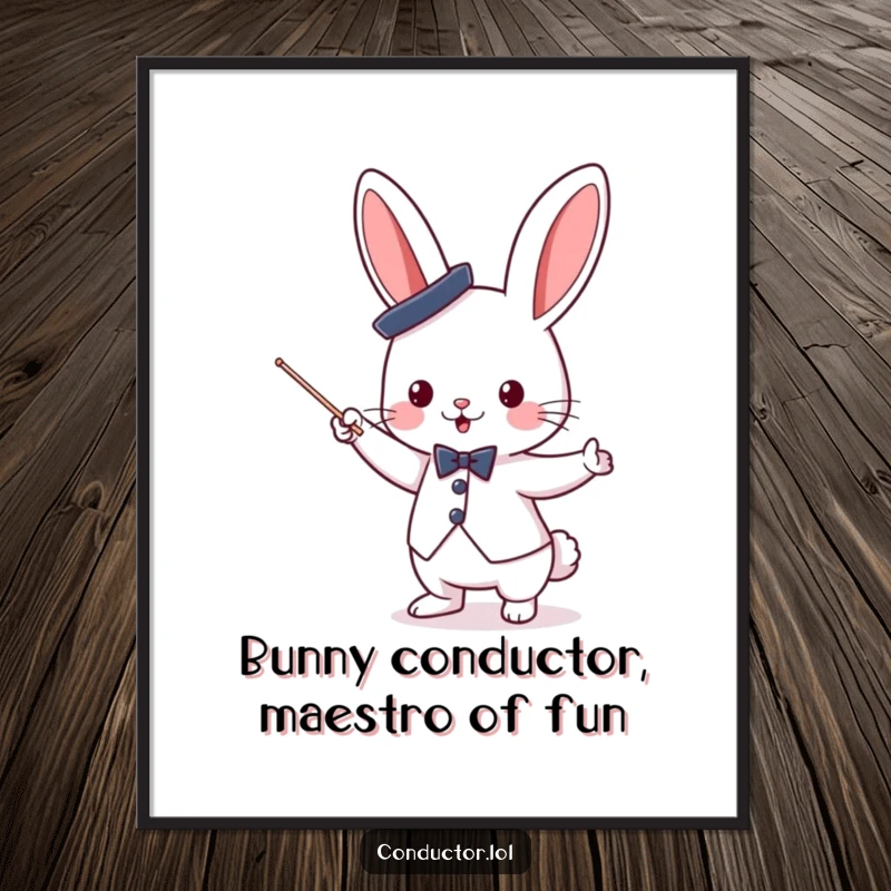 Funny Free Printable Wall Art: Cute bunny conductor in a small top hat enthusiastically waves a baton, bringing joy.