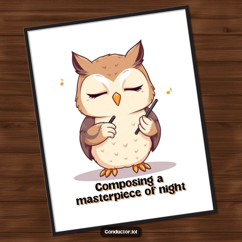 Funny Free Printable wall art of a cute owl with eyes closed, deeply conducting an unseen orchestra.