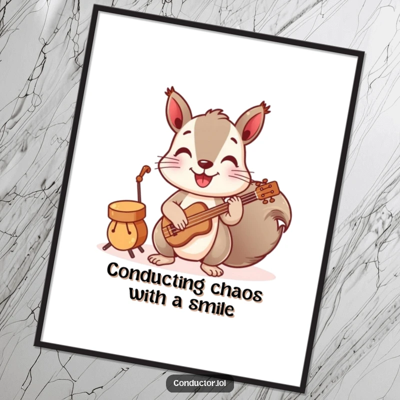 Funny Free Printable Wall Art of a playful squirrel leading a cheerful band of miniature instruments with great enthusiasm.