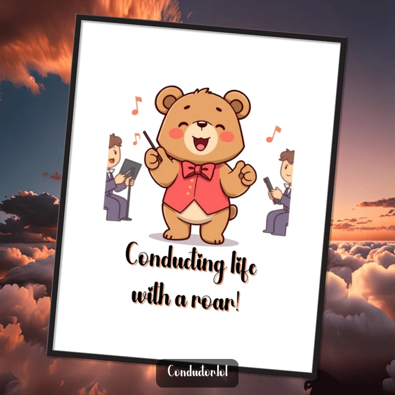 Funny Free Printable Bear Conductor Wall Art: Smiling bear conducting an invisible orchestra with grand, sweeping paw gestures.
