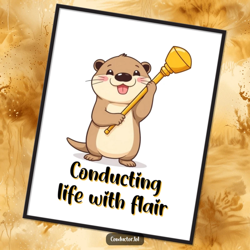 Funny Free Printable Wall Art: Cartoon otter conductor, baton raised high, smiling proudly, leading an unseen orchestra with vibrant energy.