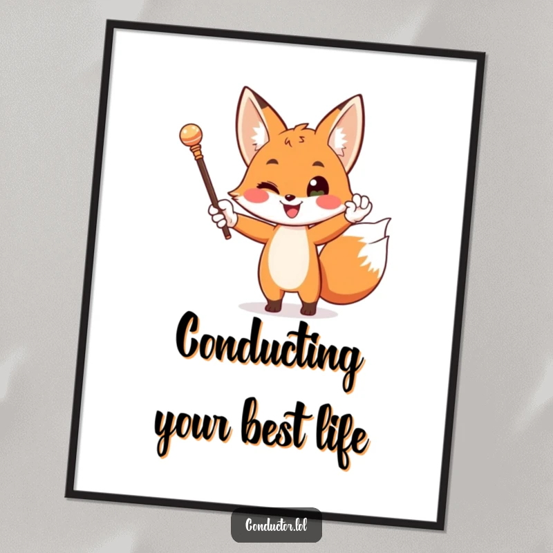 Funny Free Printable Wall Art: A happy fox in white gloves dramatically waving a baton with a flourish, exuding elegance.