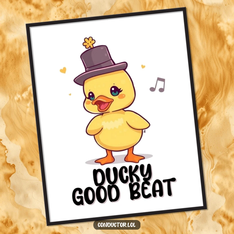 Funny Free Printable Wall Art: A duckling in a tiny top hat chirps out a lively rhythm, bringing musical cheer.