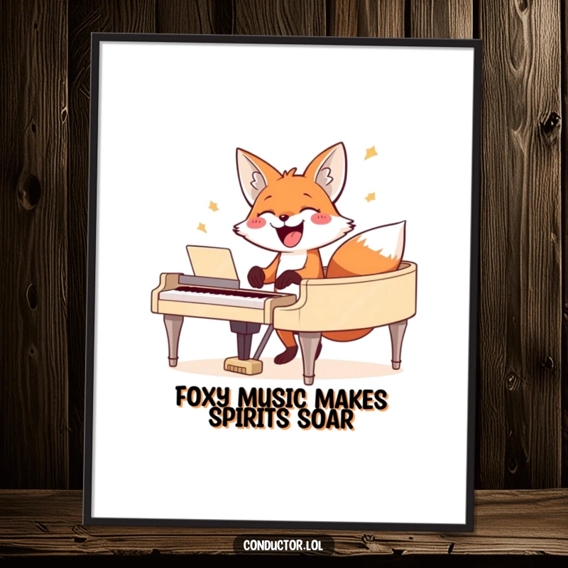 Funny Free Printable Wall Art: A joyful fox with a huge grin striking a powerful chord on a grand piano.