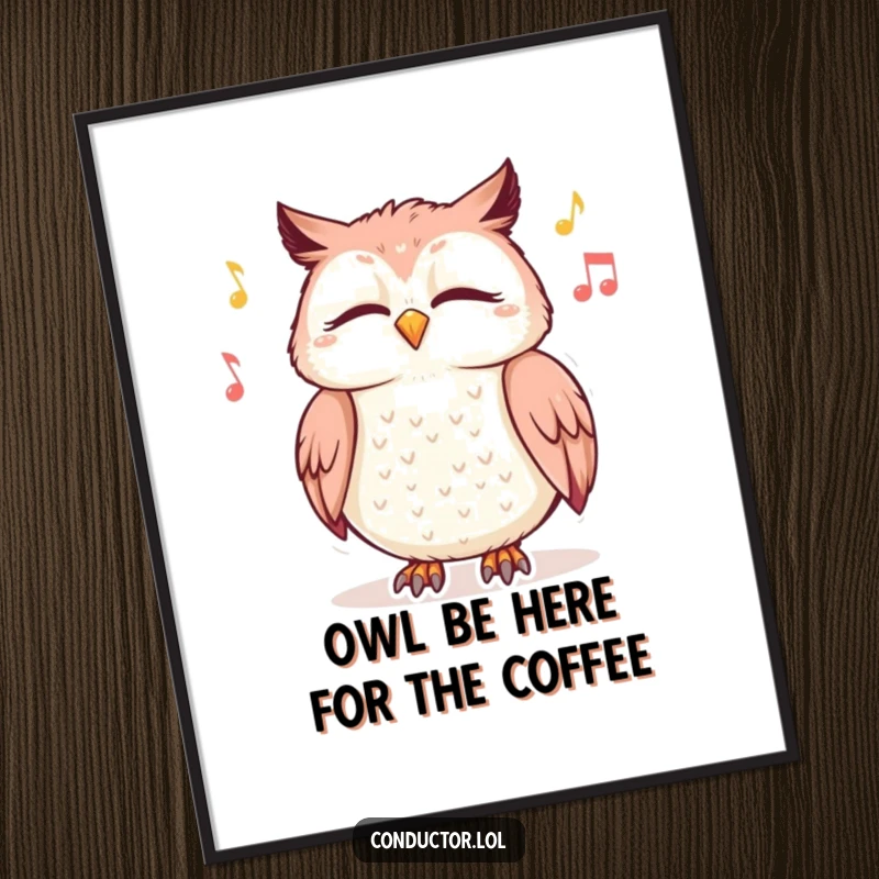 Funny Free Printable Wall Art: A joyful owl with closed eyes giggles and sways, completely absorbed in the beat of its own imaginary music.