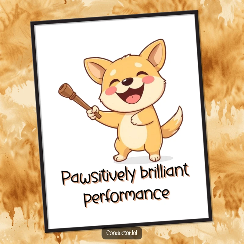 Funny Free Printable Wall Art: A delighted dog swings a baton with a wide grin, exuding joy and musical enthusiasm.