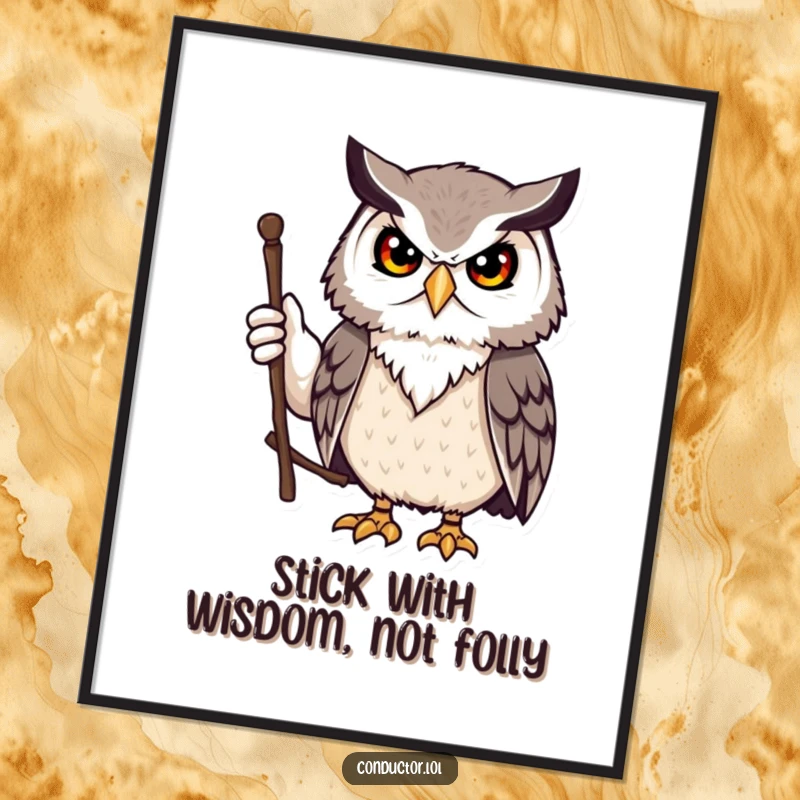 Funny Free Printable wall art of a dignified owl with a stern yet friendly expression, holding and waving a stick wisely.
