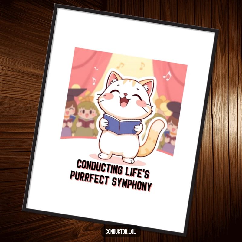Funny Free Printable Wall Art: A fluffy cat conductor enthusiastically leading a musical choir with a happy bounce.