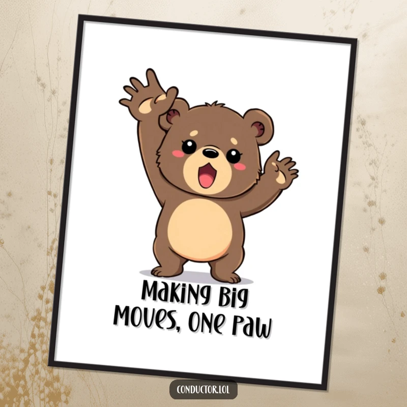 Funny Free Printable Wall Art: Determined bear cub vigorously swinging arms, a bold and humorous statement piece.