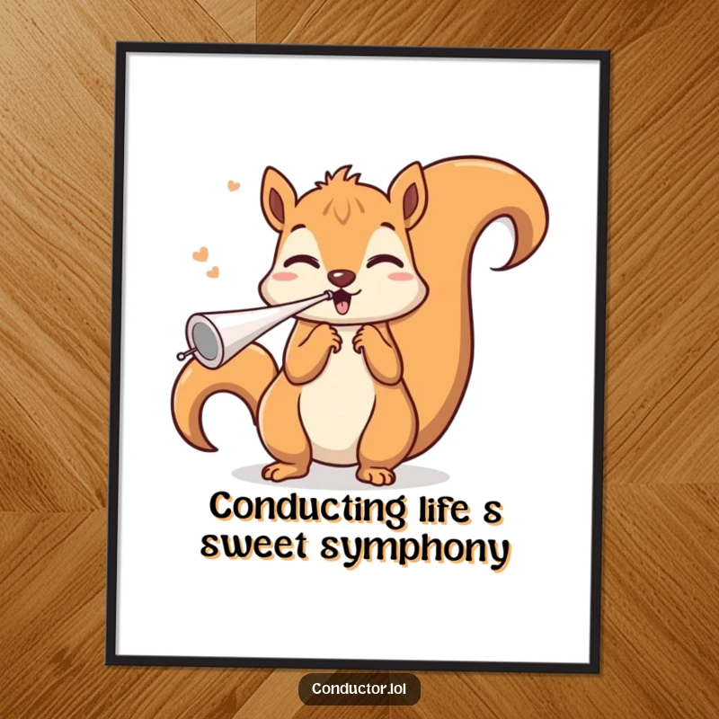 Funny Free Printable wall art of a squirrel blowing an invisible whistle with a triumphant flourish.