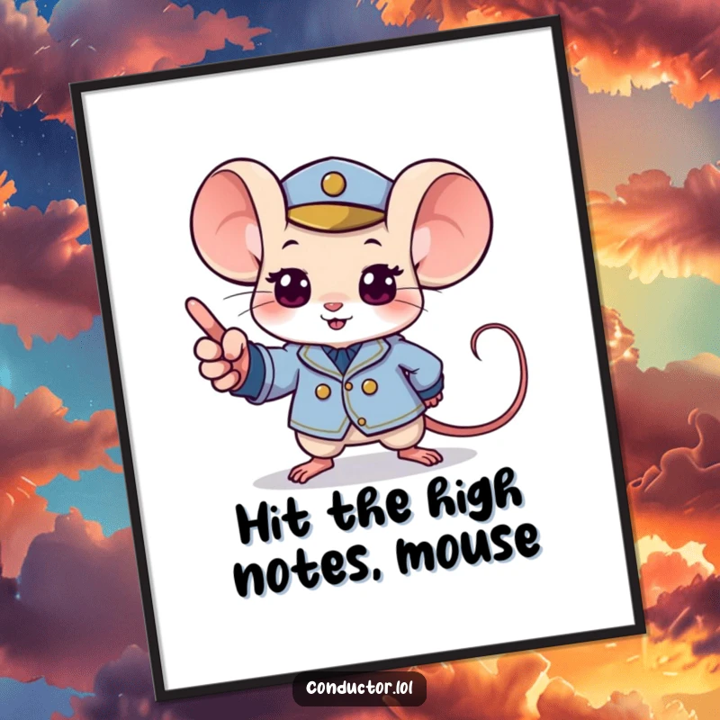 Funny Free Printable Wall Art: A determined mouse in a tiny uniform points with excitement to a musical crescendo, full of energy.