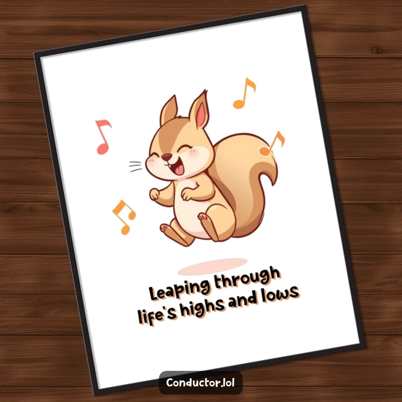 Funny Free Printable Wall Art: Playful squirrel leaping between high and low musical notes with mischievous delight.