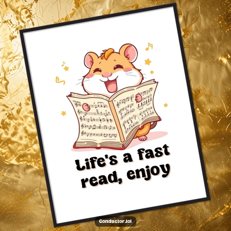 Funny Free Printable Wall Art: A giggling hamster is caught mid-flip, furiously turning the pages of an enormous musical score.