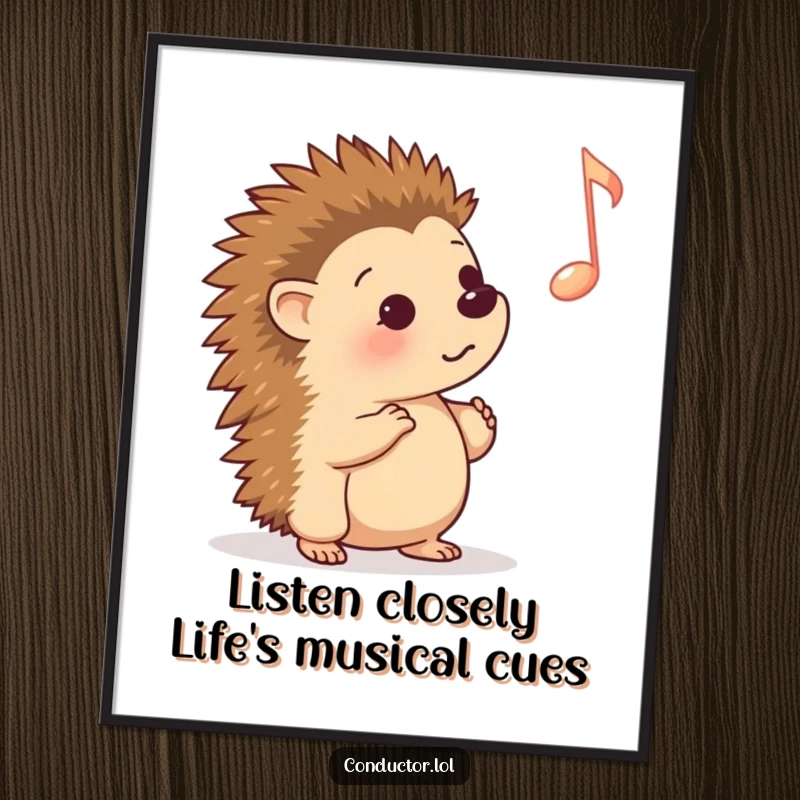 Funny Free Printable Wall Art: Curious cartoon hedgehog listening intently to a prominent musical cue, whimsical downloadable art.