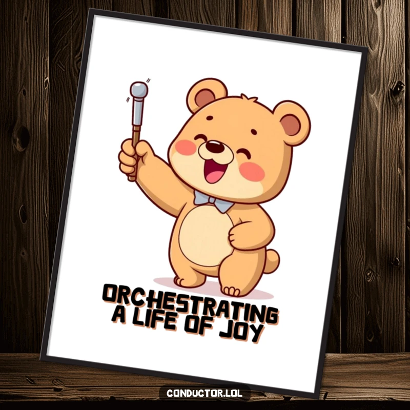 Funny Free Printable Wall Art: A happy bear cub enthusiastically conducting an imaginary orchestra with a baton and a big smile.