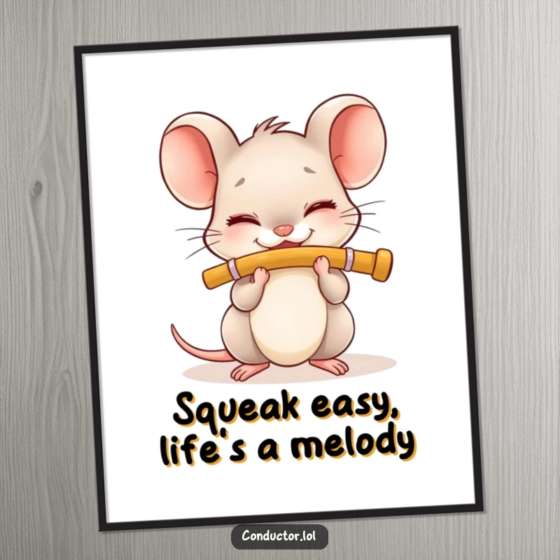 Funny Free Printable Wall Art: a tiny mouse playing a flute with closed eyes and a smile, radiating pure joy.