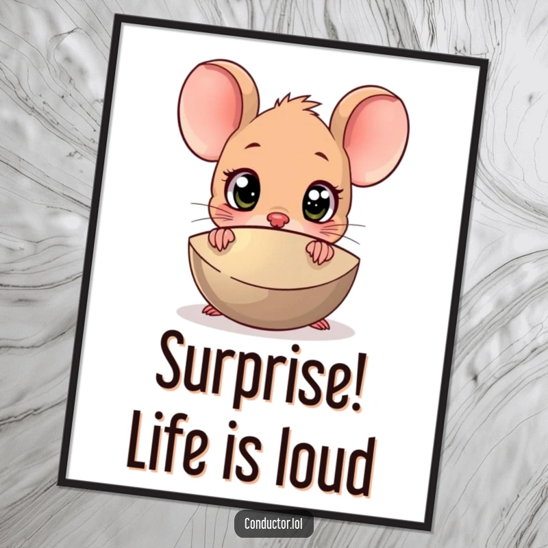 Funny Free Printable Wall Art: Cartoon mouse peeking with wide, surprised eyes from behind a large, shiny cymbal, mid-shock.