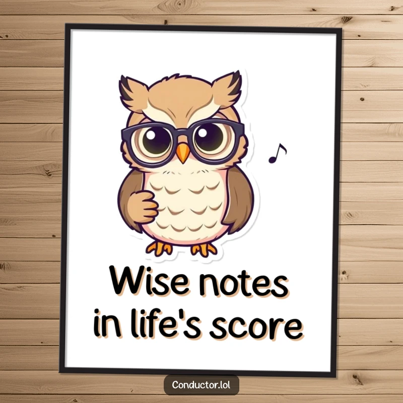 Funny Free Printable Wall Art: Owl wearing spectacles, intently watching a musical score with glowing eyes, smart decor.