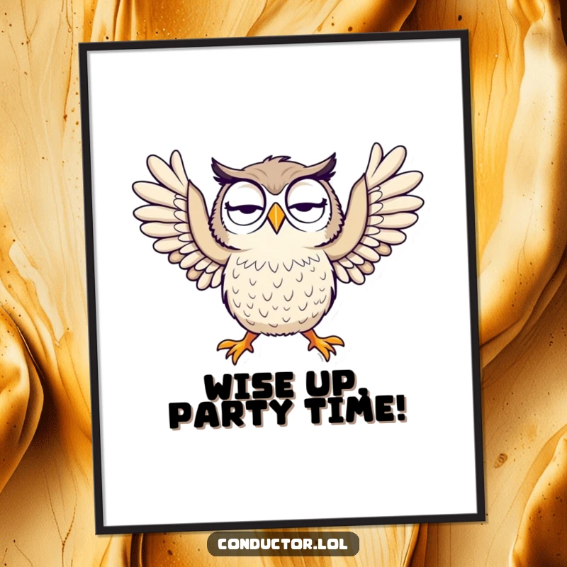 Funny Free Printable Owl Wall Art: A curious owl dramatically throws its arms wide, creating a humorous and eye-catching display.