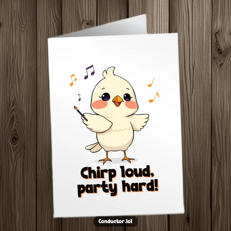 Funny Free Printable Birthday Card: Determined bird conductor chirping cues with intense focus, perfect for laughs.