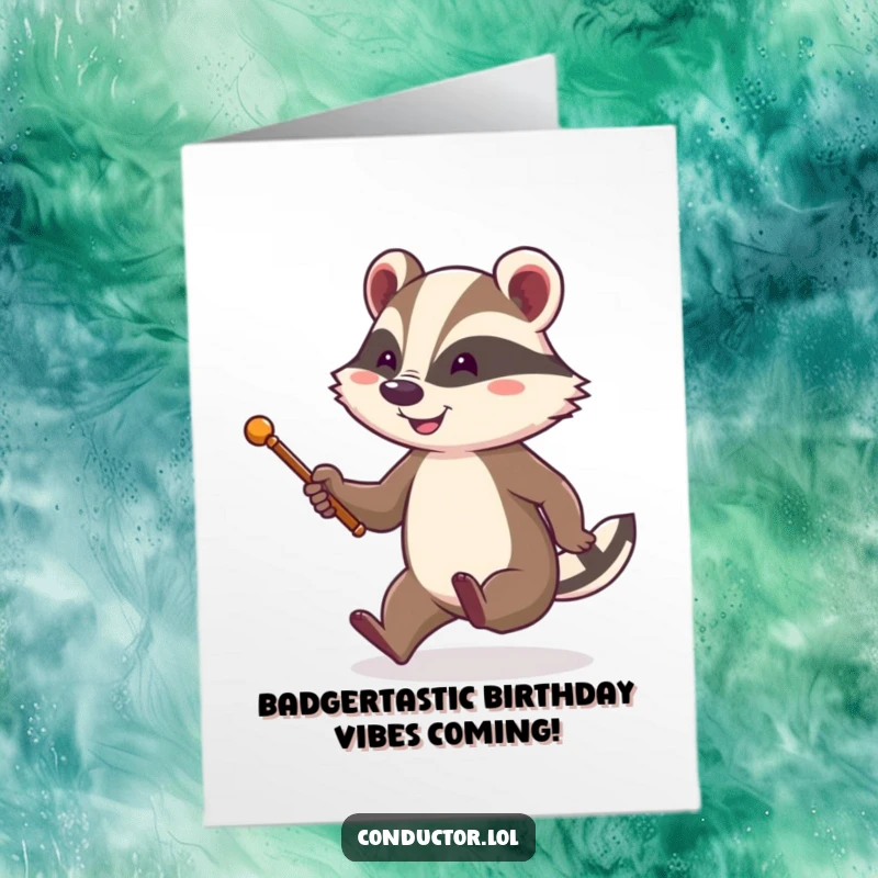Funny Free Printable Birthday Card: A cheerful badger with a baton tapping its foot energetically and smiling.