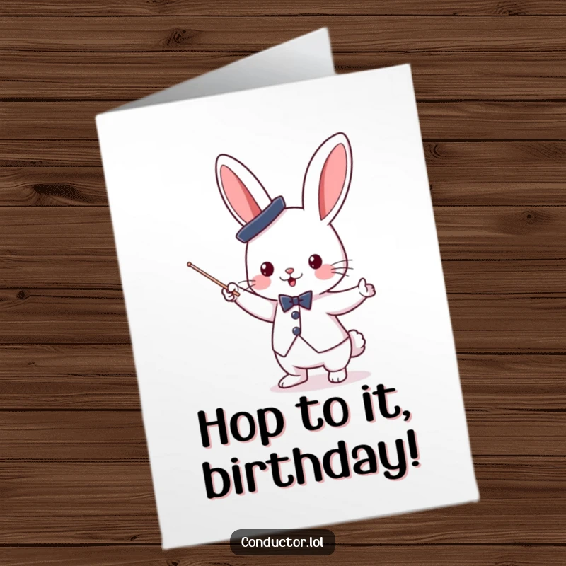 Funny Free Printable Birthday Card: Cute bunny conductor in a top hat enthusiastically waves a baton for birthday wishes.