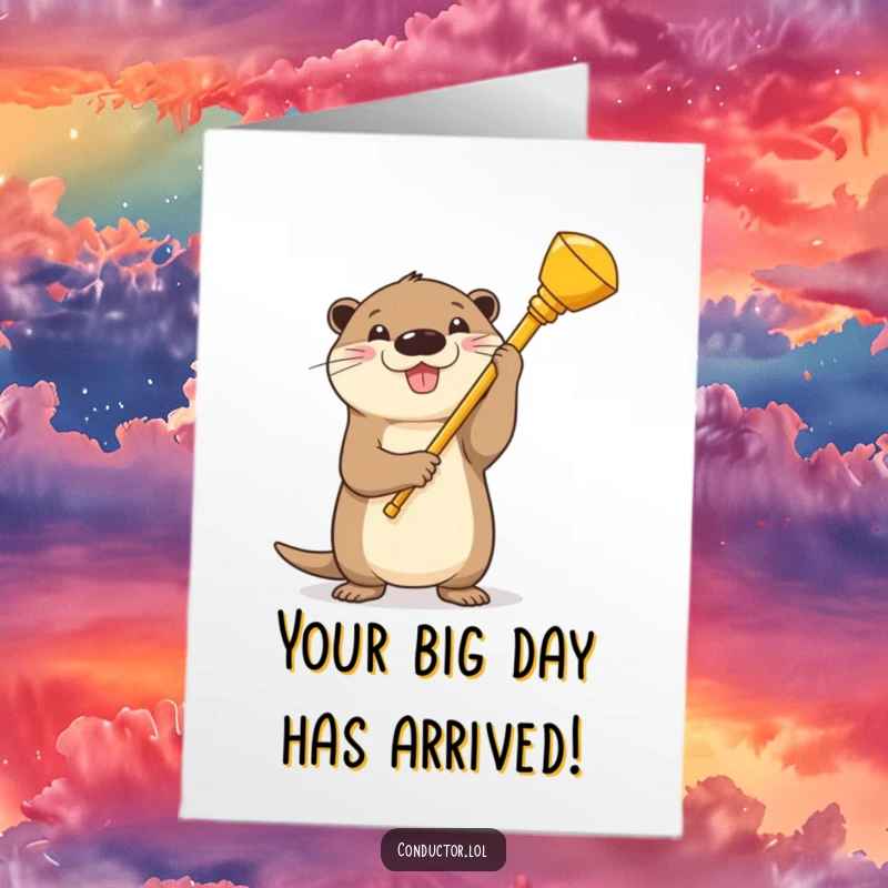 Funny Free Printable Birthday Card: Joyful otter conductor holding a golden baton, celebrating with a proud, beaming smile, ready for parties.
