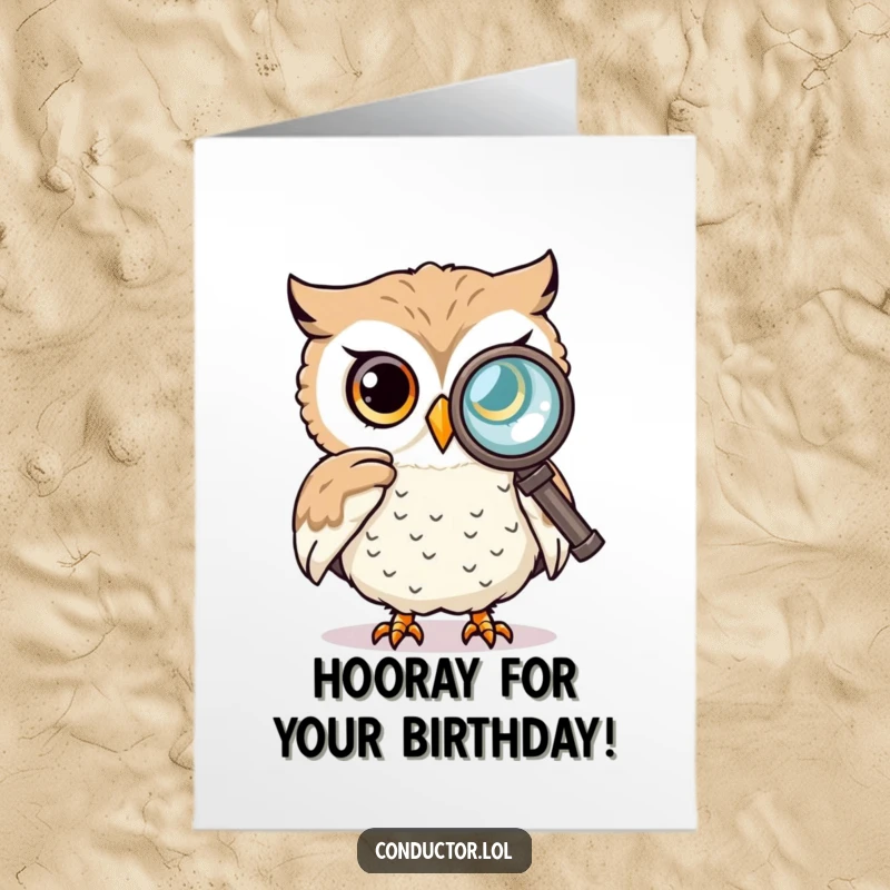 Funny Free Printable Birthday Card: Curious owl peering through a spyglass with an intent expression.