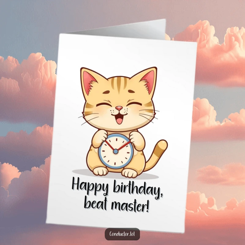 Funny Free Printable Birthday Card: A giggling cat intently taps a metronome, keeping perfect time for the celebration.