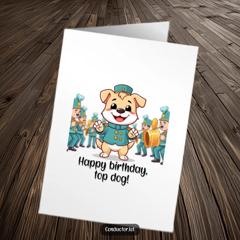 Funny Free Printable Birthday Card: A smiling dog proudly leads a marching band with a wagging tail and happy grin.