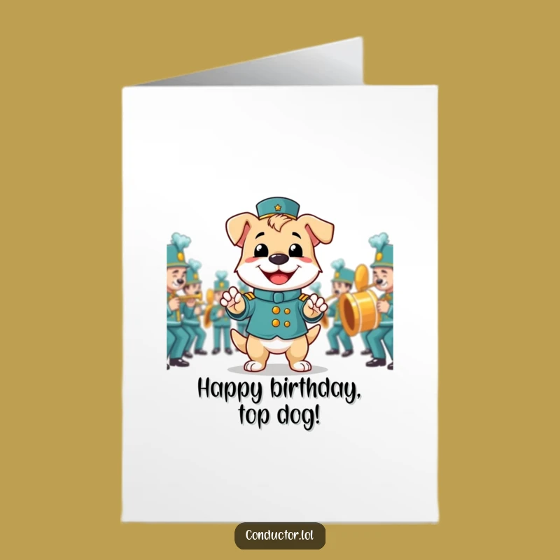 Free Printable Birthday Card: Proud Dog Band Leader, Playful Grin, Downloadable Fun Gift