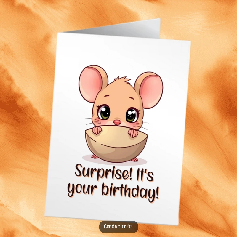 Funny Free Printable Birthday Card: Surprised cartoon mouse peeking from behind a large cymbal, eyes wide with shock and excitement.