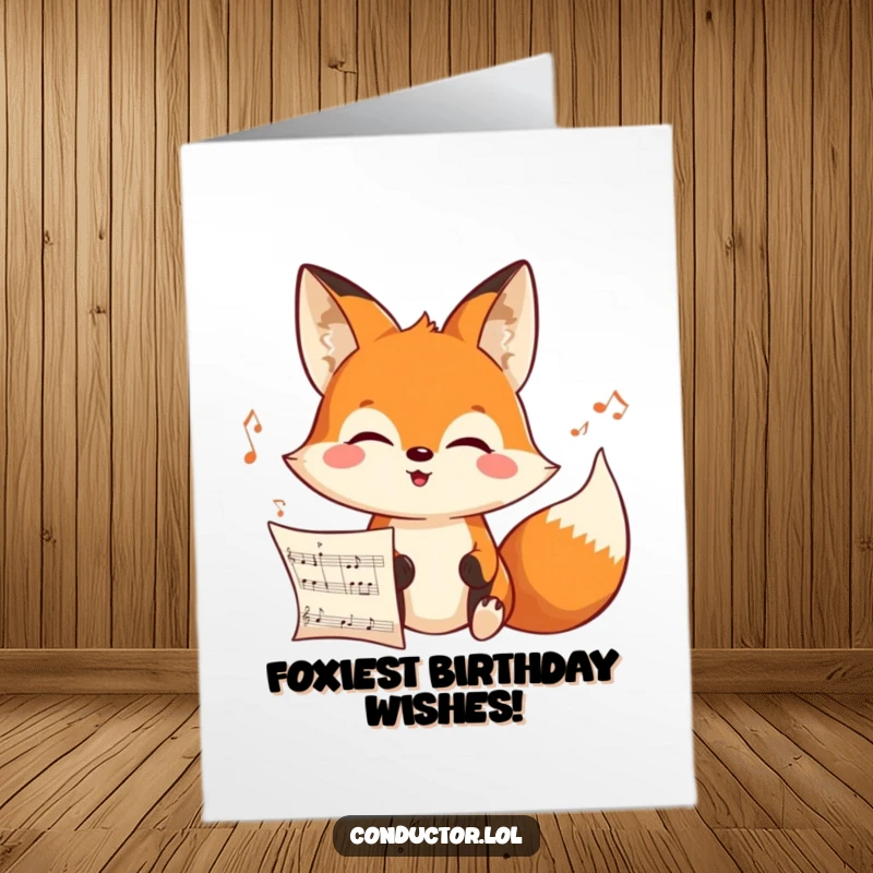 Funny Free Printable Birthday Card: A cheerful fox intensely focuses on a musical score with a joyful expression.