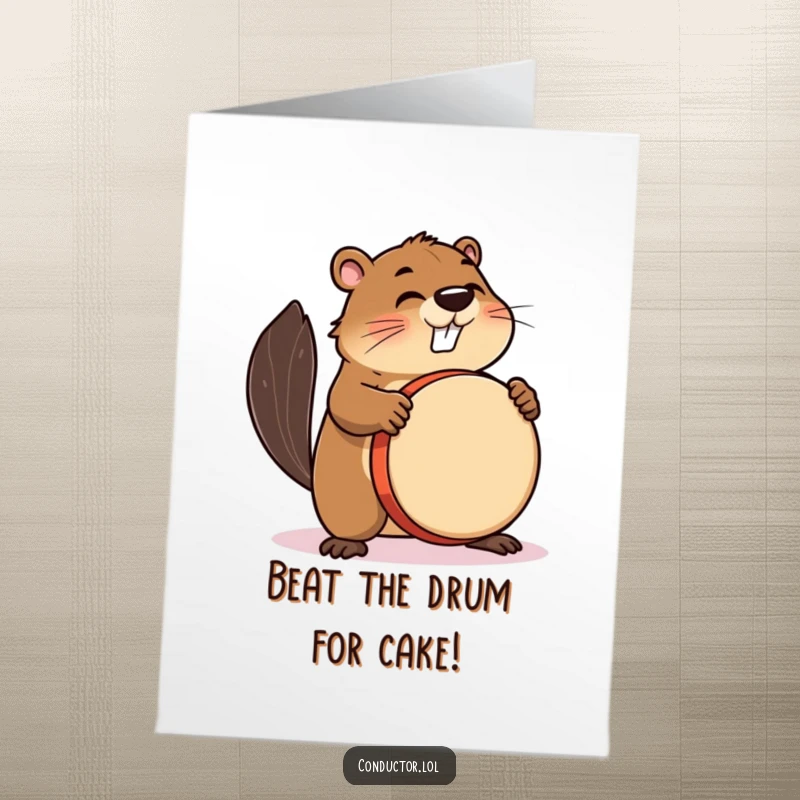 Funny Free Printable Birthday Card: A busy beaver enthusiastically beats a large drum with intense, rhythmic focus.