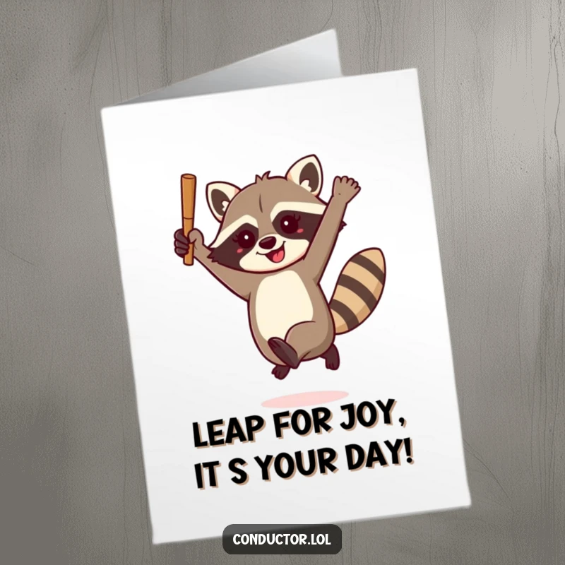 Funny Free Printable birthday card featuring a playful raccoon leaping enthusiastically with a baton.